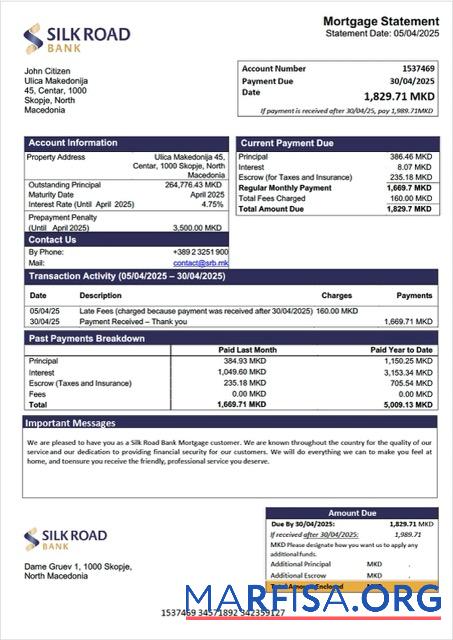 Realistic North Macedonia Silk Road Bank mortgage statement Word and PDF template